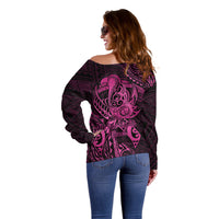 Polynesia Breast Cancer Awareness Off Shoulder Sweater No One Fights Alone Pink Ribbon With Butterfly - Wonder Print Shop