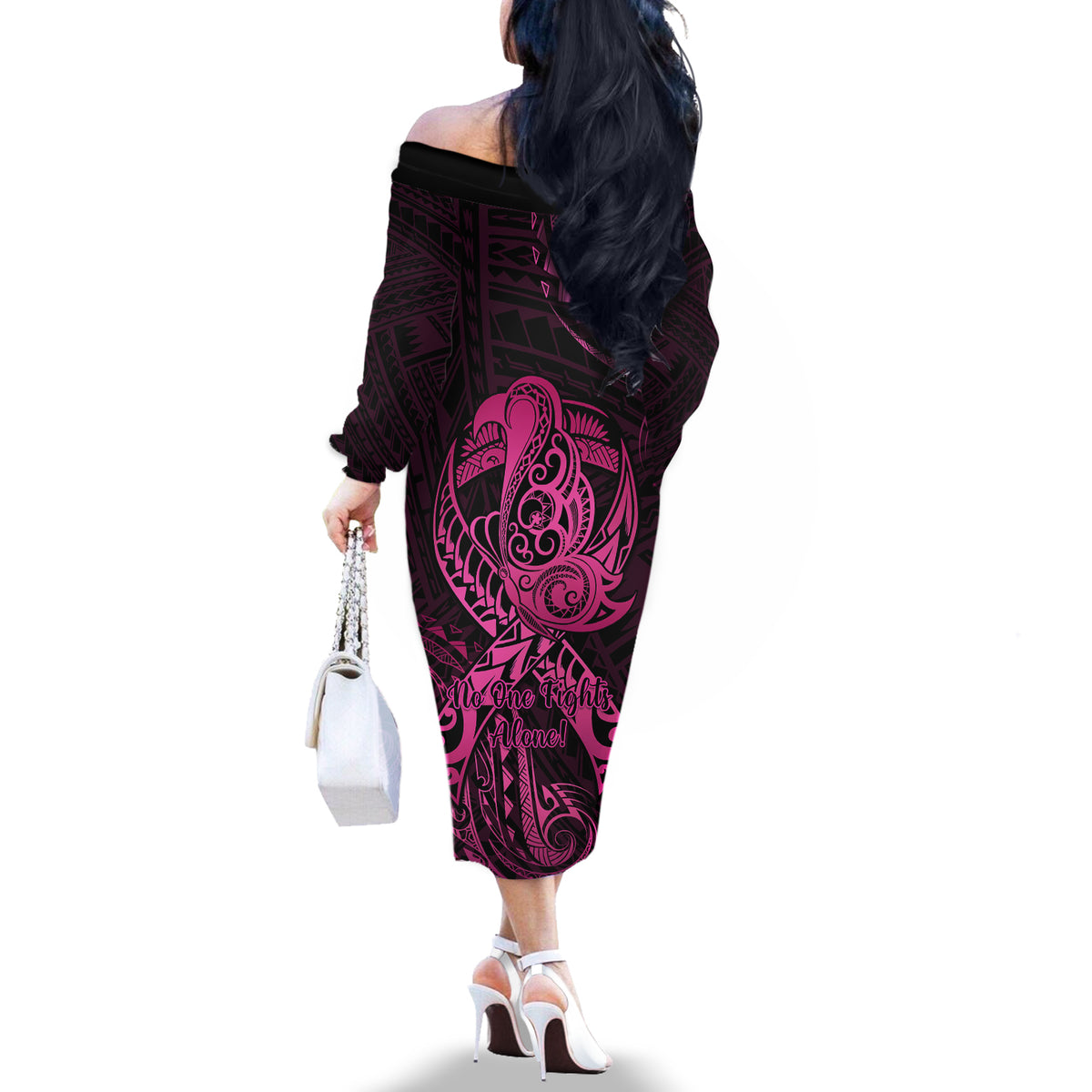 Polynesia Breast Cancer Awareness Off The Shoulder Long Sleeve Dress No One Fights Alone Pink Ribbon With Butterfly - Wonder Print Shop