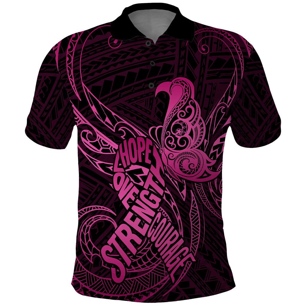Polynesia Breast Cancer Awareness Polo Shirt No One Fights Alone Pink Ribbon With Butterfly - Wonder Print Shop