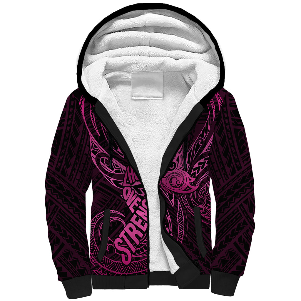 Polynesia Breast Cancer Awareness Sherpa Hoodie No One Fights Alone Pink Ribbon With Butterfly - Wonder Print Shop