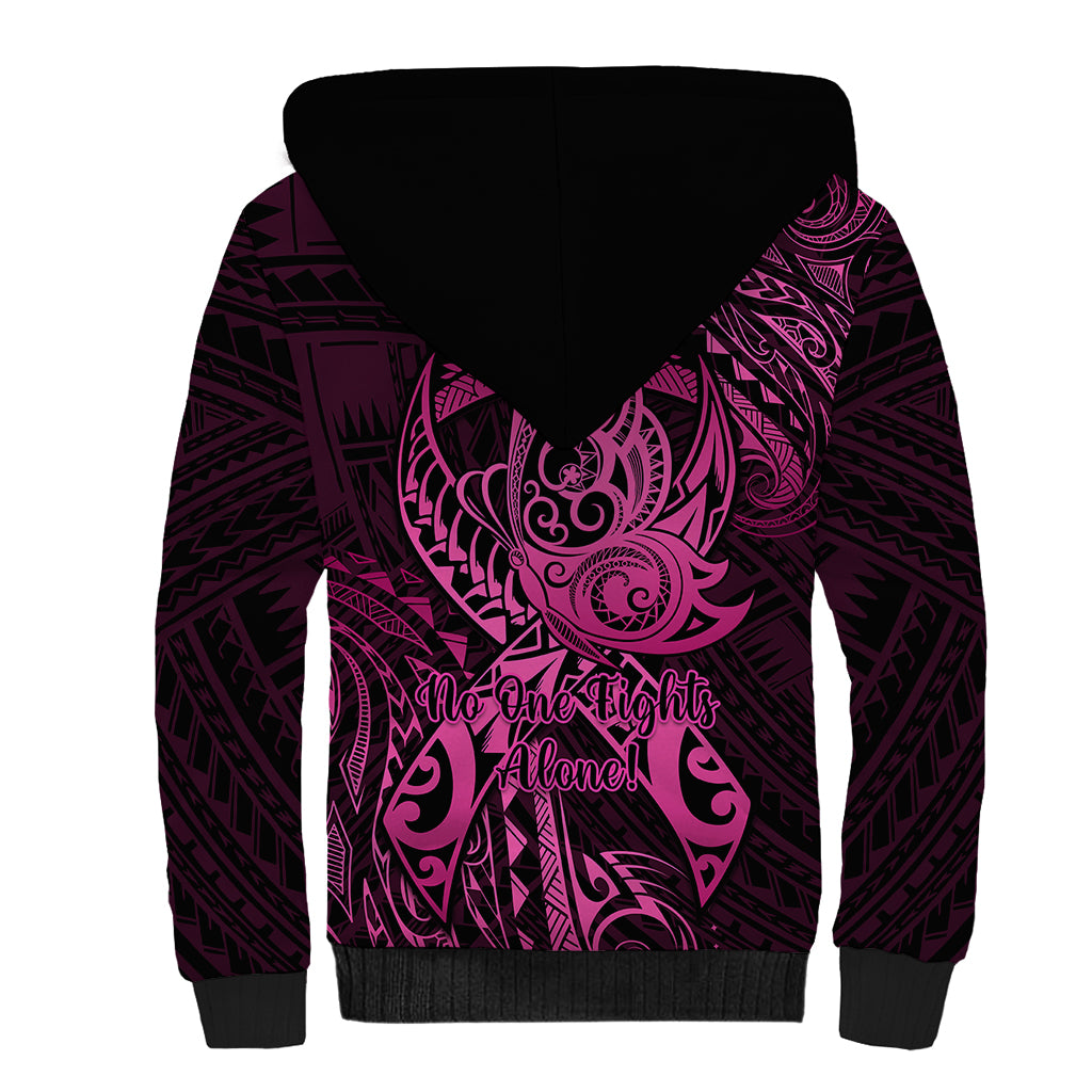 Polynesia Breast Cancer Awareness Sherpa Hoodie No One Fights Alone Pink Ribbon With Butterfly - Wonder Print Shop