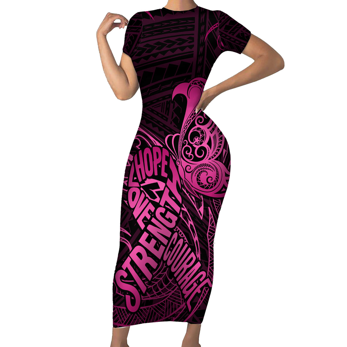 Polynesia Breast Cancer Awareness Short Sleeve Bodycon Dress No One Fights Alone Pink Ribbon With Butterfly - Wonder Print Shop