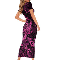 Polynesia Breast Cancer Awareness Short Sleeve Bodycon Dress No One Fights Alone Pink Ribbon With Butterfly - Wonder Print Shop