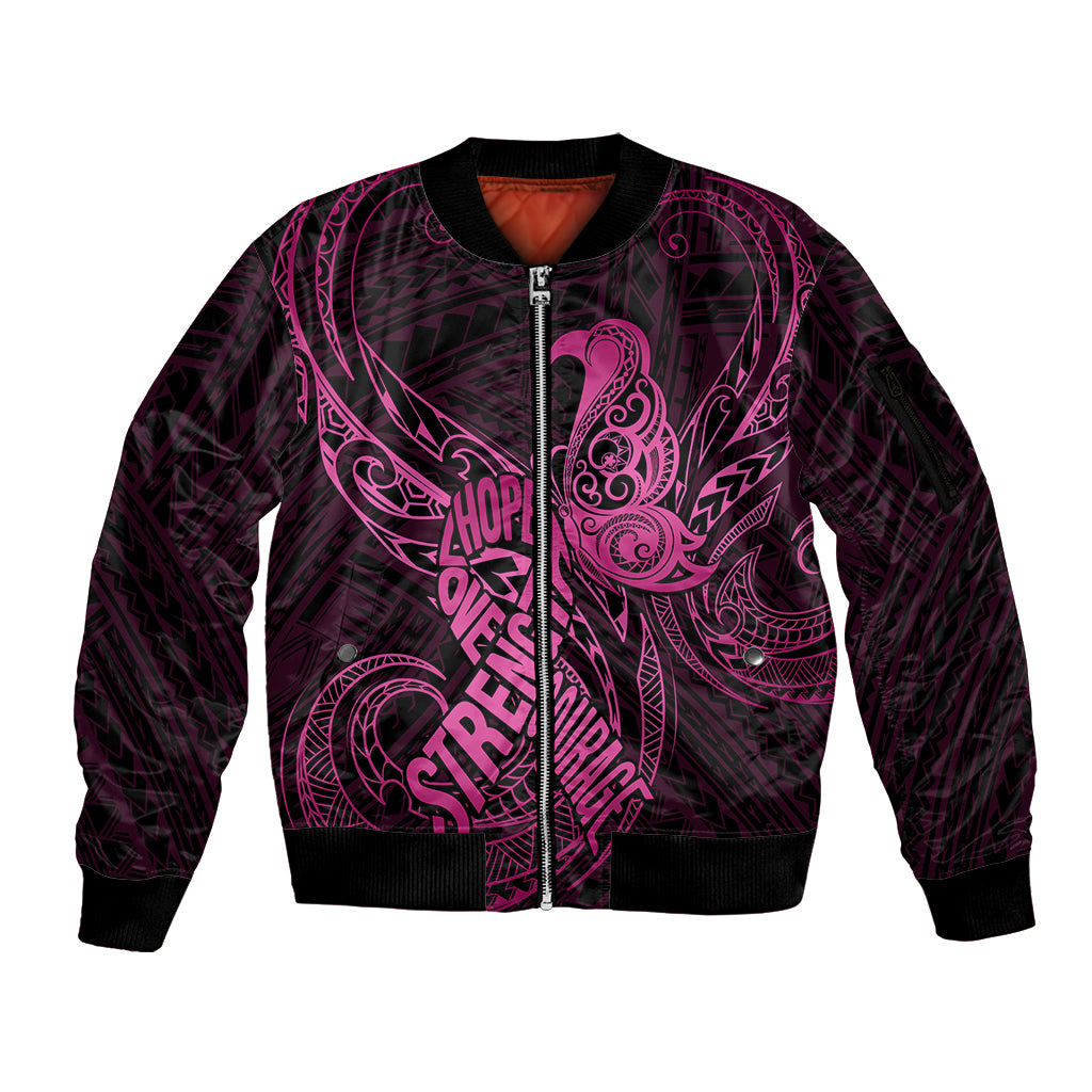 Polynesia Breast Cancer Awareness Sleeve Zip Bomber Jacket No One Fights Alone Pink Ribbon With Butterfly - Wonder Print Shop
