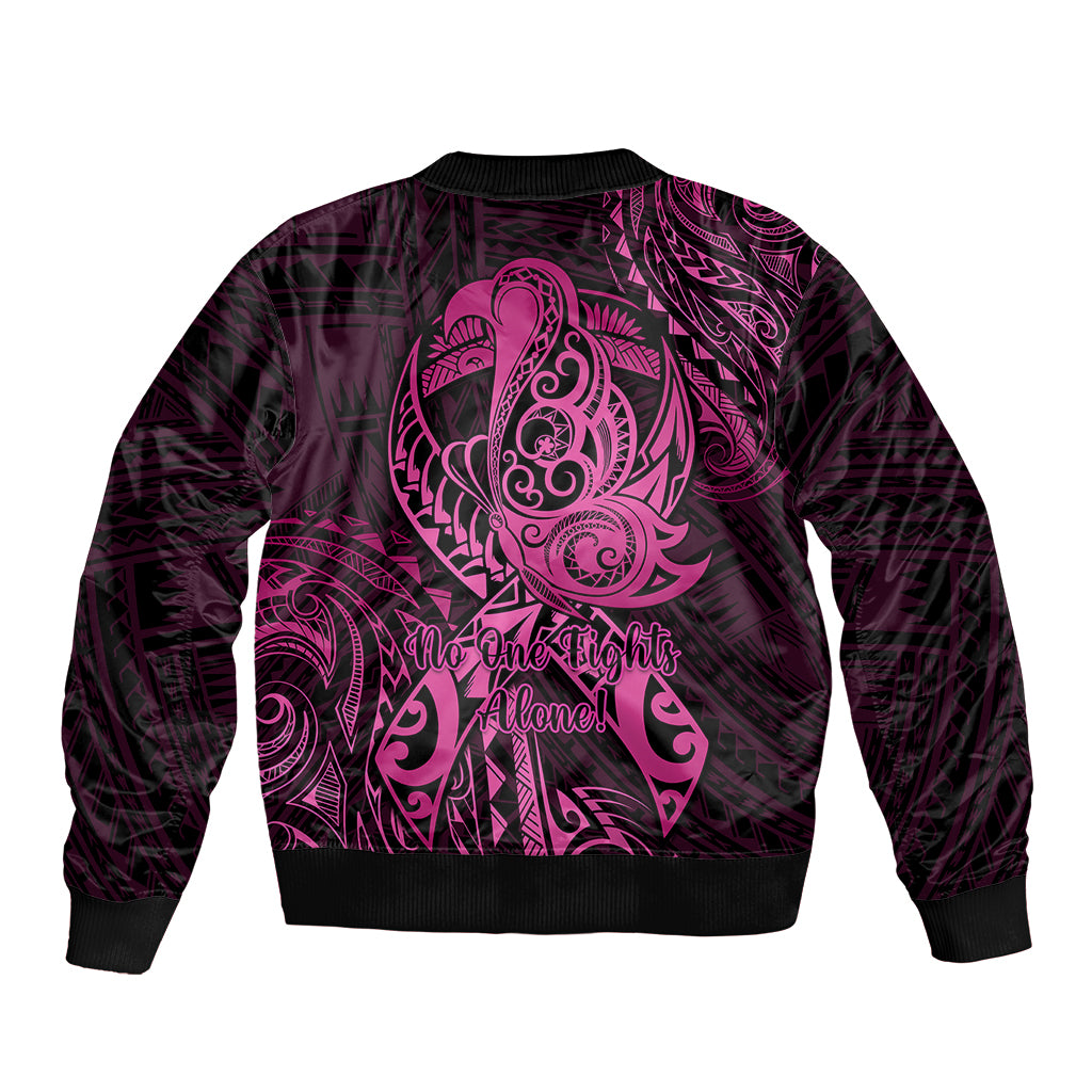 Polynesia Breast Cancer Awareness Sleeve Zip Bomber Jacket No One Fights Alone Pink Ribbon With Butterfly - Wonder Print Shop