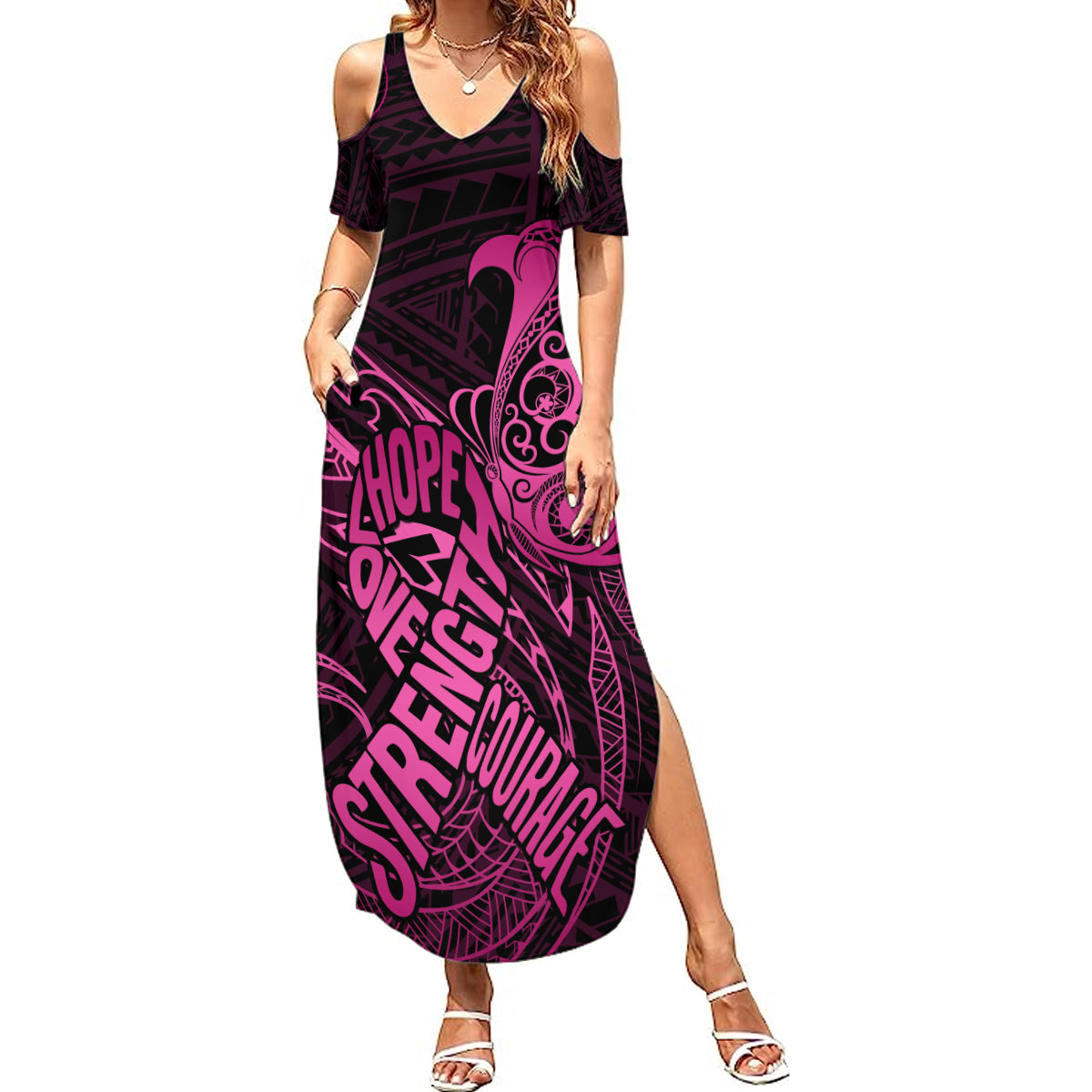 Polynesia Breast Cancer Awareness Summer Maxi Dress No One Fights Alone Pink Ribbon With Butterfly - Wonder Print Shop