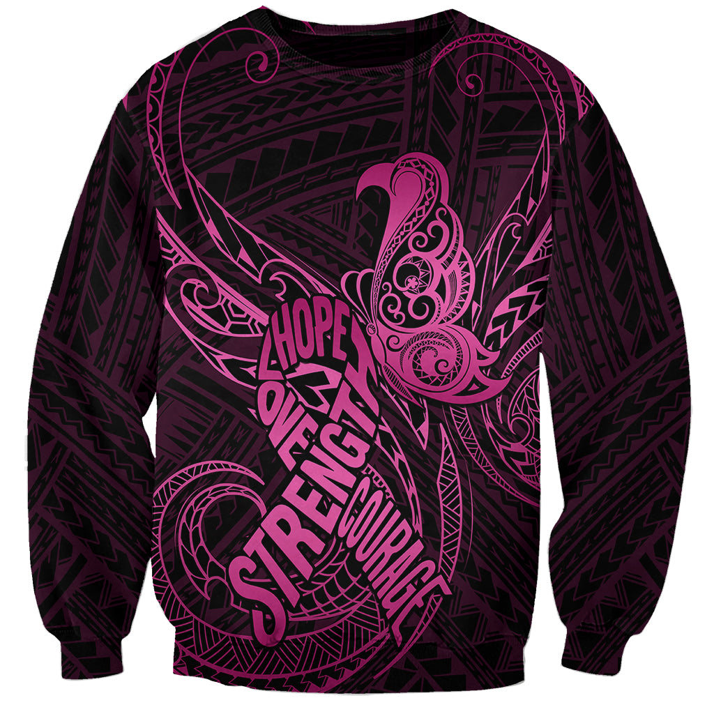 Polynesia Breast Cancer Awareness Sweatshirt No One Fights Alone Pink Ribbon With Butterfly - Wonder Print Shop