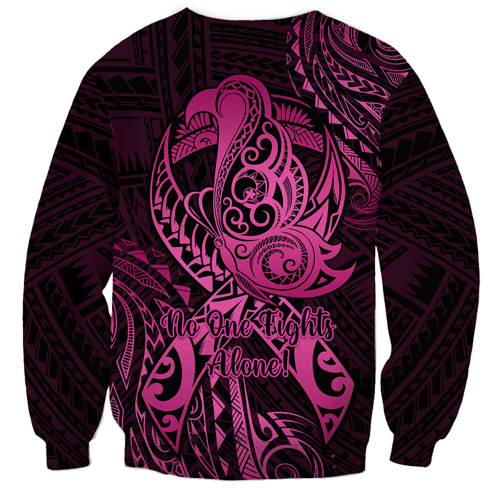 Polynesia Breast Cancer Awareness Sweatshirt No One Fights Alone Pink Ribbon With Butterfly - Wonder Print Shop