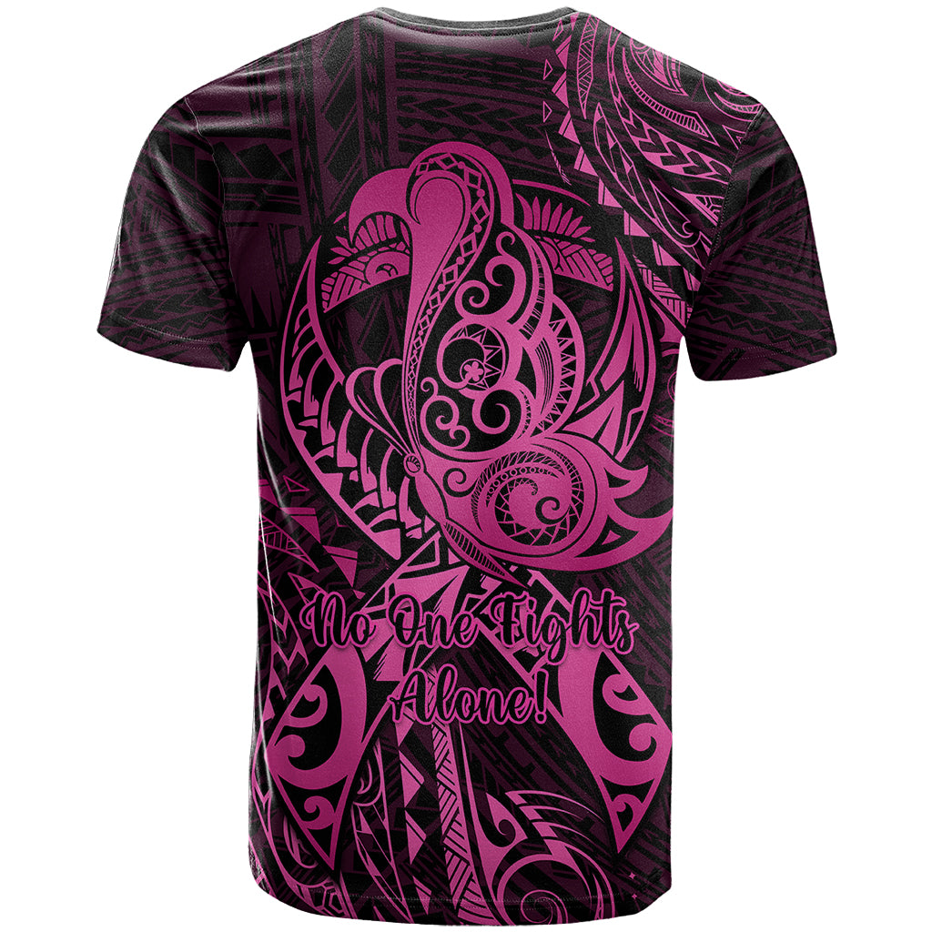Polynesia Breast Cancer Awareness T Shirt No One Fights Alone Pink Ribbon With Butterfly - Wonder Print Shop