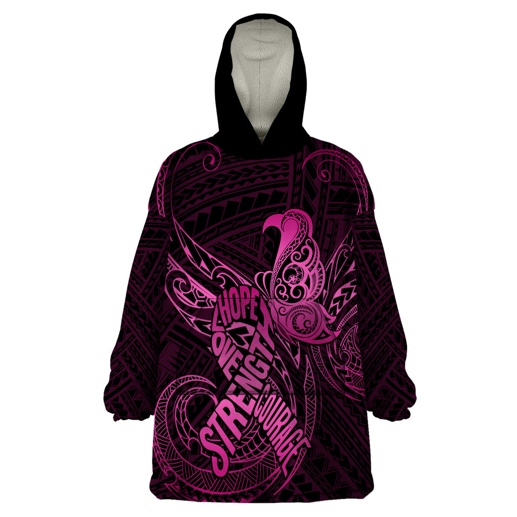 Polynesia Breast Cancer Awareness Wearable Blanket Hoodie No One Fights Alone Pink Ribbon With Butterfly - Wonder Print Shop
