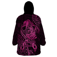Polynesia Breast Cancer Awareness Wearable Blanket Hoodie No One Fights Alone Pink Ribbon With Butterfly - Wonder Print Shop