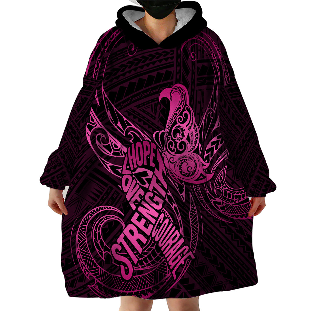 Polynesia Breast Cancer Awareness Wearable Blanket Hoodie No One Fights Alone Pink Ribbon With Butterfly - Wonder Print Shop