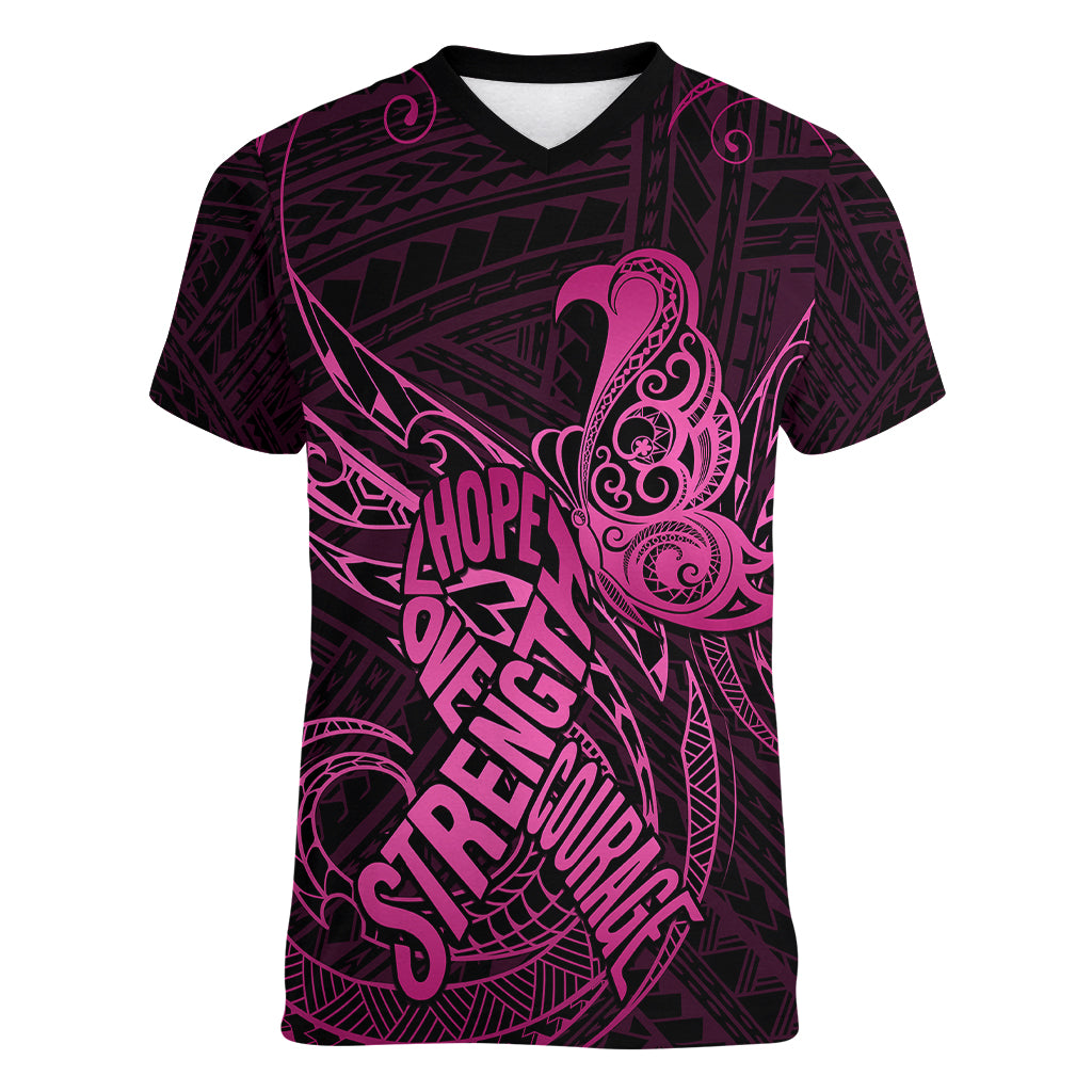 Polynesia Breast Cancer Awareness Women V Neck T Shirt No One Fights Alone Pink Ribbon With Butterfly - Wonder Print Shop