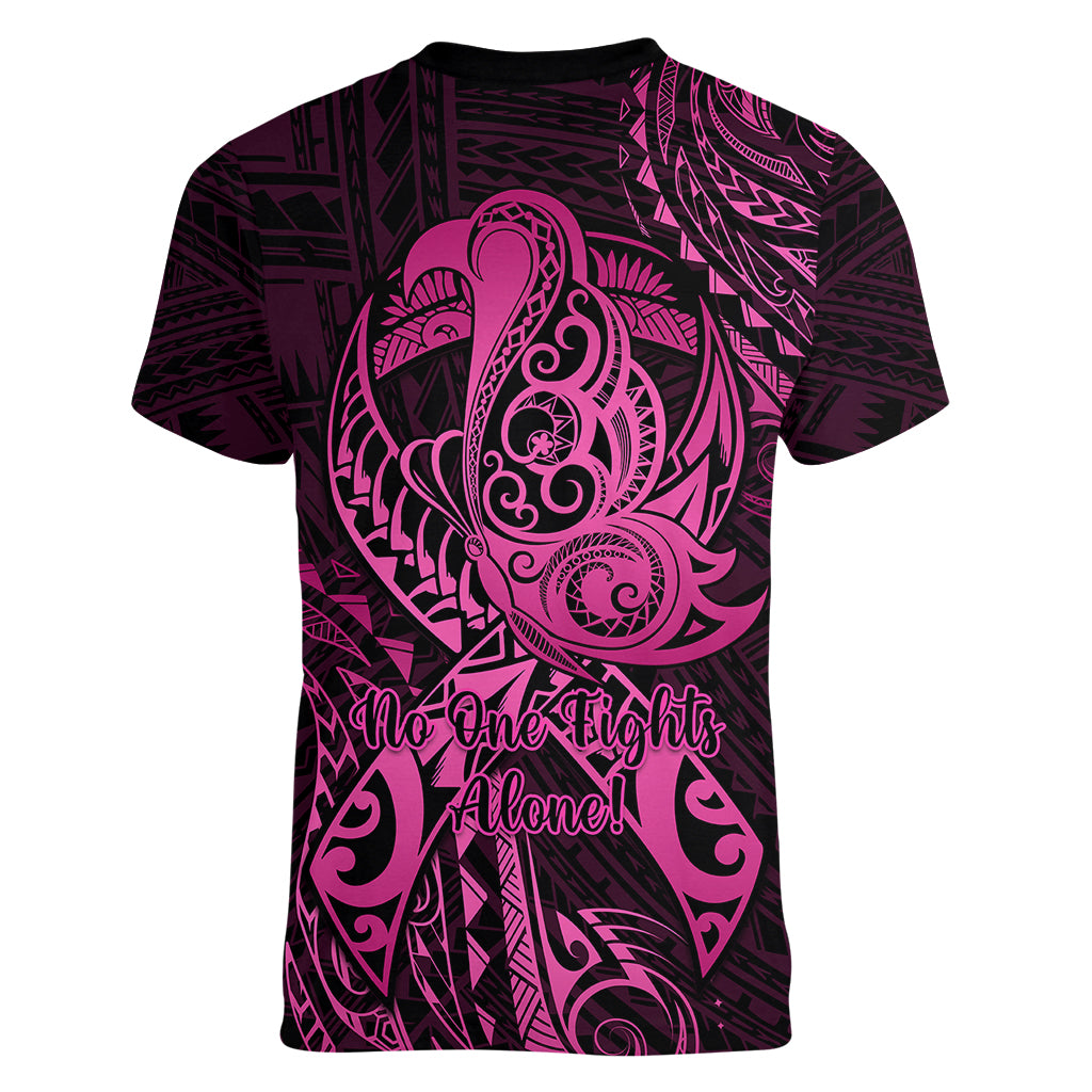 Polynesia Breast Cancer Awareness Women V Neck T Shirt No One Fights Alone Pink Ribbon With Butterfly - Wonder Print Shop