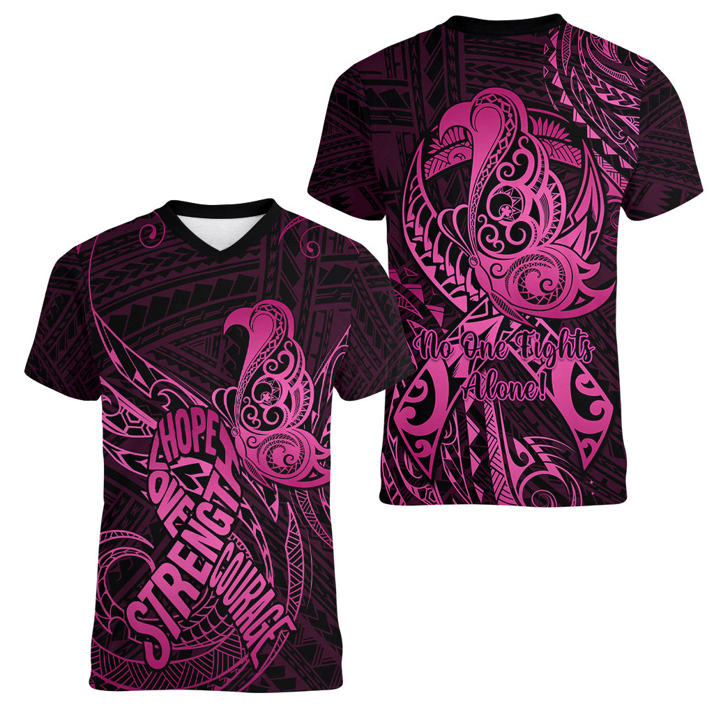 Polynesia Breast Cancer Awareness Women V Neck T Shirt No One Fights Alone Pink Ribbon With Butterfly - Wonder Print Shop