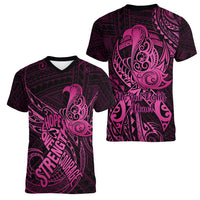 Polynesia Breast Cancer Awareness Women V Neck T Shirt No One Fights Alone Pink Ribbon With Butterfly - Wonder Print Shop