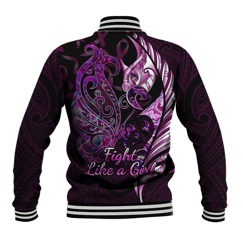 Personalised New Zealand Breast Cancer Baseball Jacket Fight Like A Girl Pink Manaia Fern With Paua Shell - Wonder Print Shop