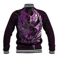 Personalised New Zealand Breast Cancer Baseball Jacket Fight Like A Girl Pink Manaia Fern With Paua Shell - Wonder Print Shop