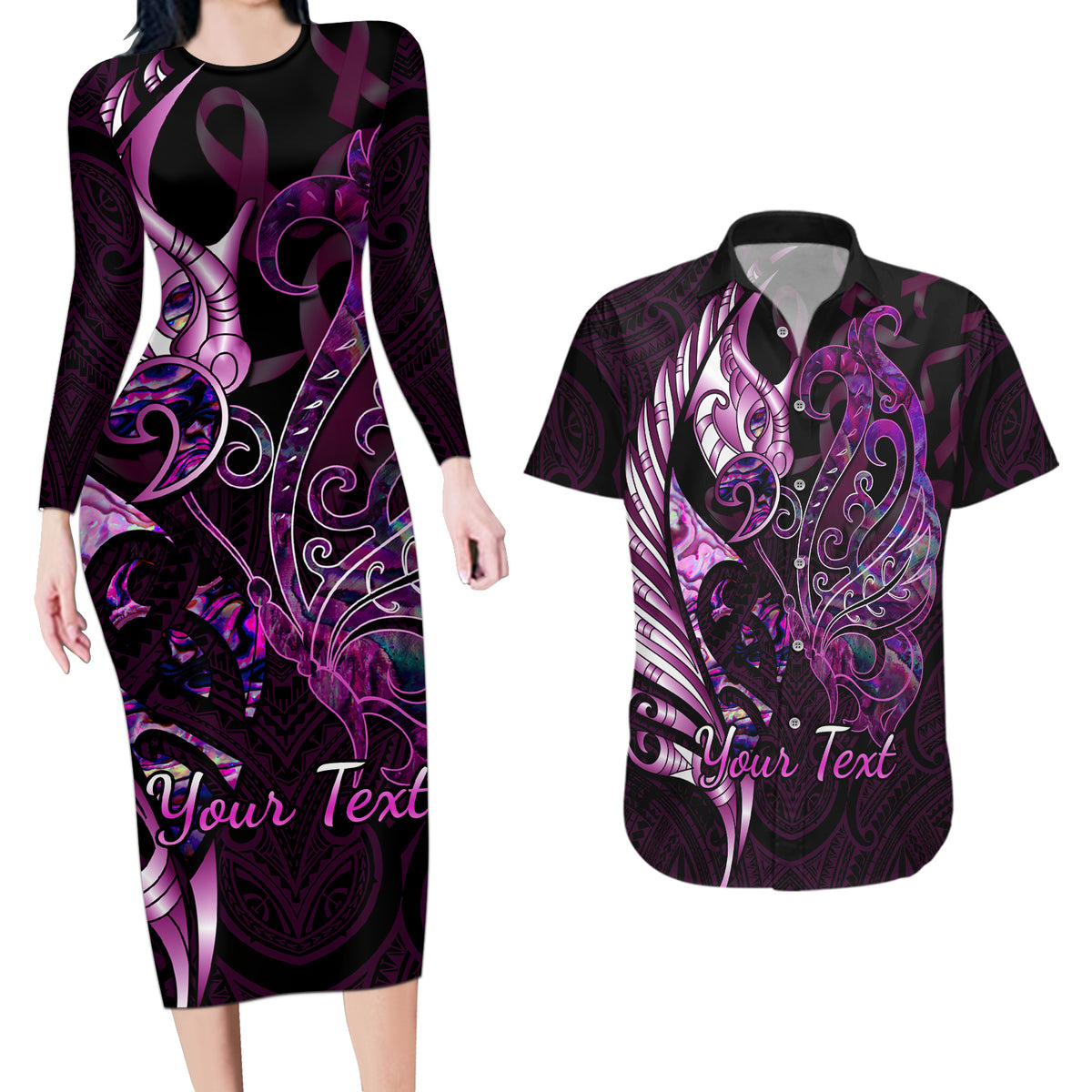 Personalised New Zealand Breast Cancer Couples Matching Long Sleeve Bodycon Dress and Hawaiian Shirt Fight Like A Girl Pink Manaia Fern With Paua Shell - Wonder Print Shop
