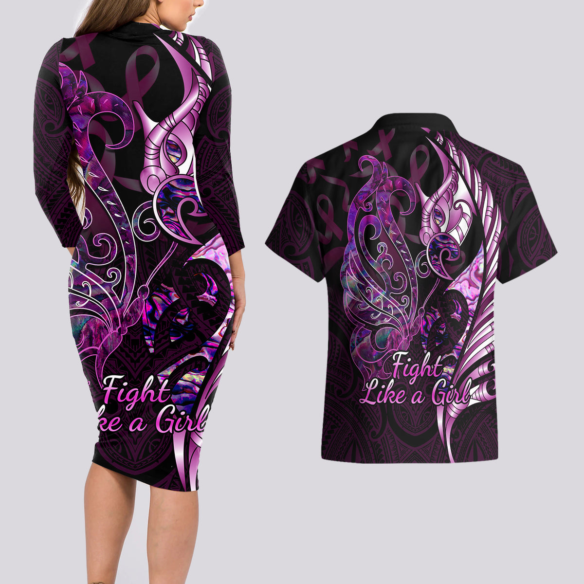 Personalised New Zealand Breast Cancer Couples Matching Long Sleeve Bodycon Dress and Hawaiian Shirt Fight Like A Girl Pink Manaia Fern With Paua Shell - Wonder Print Shop