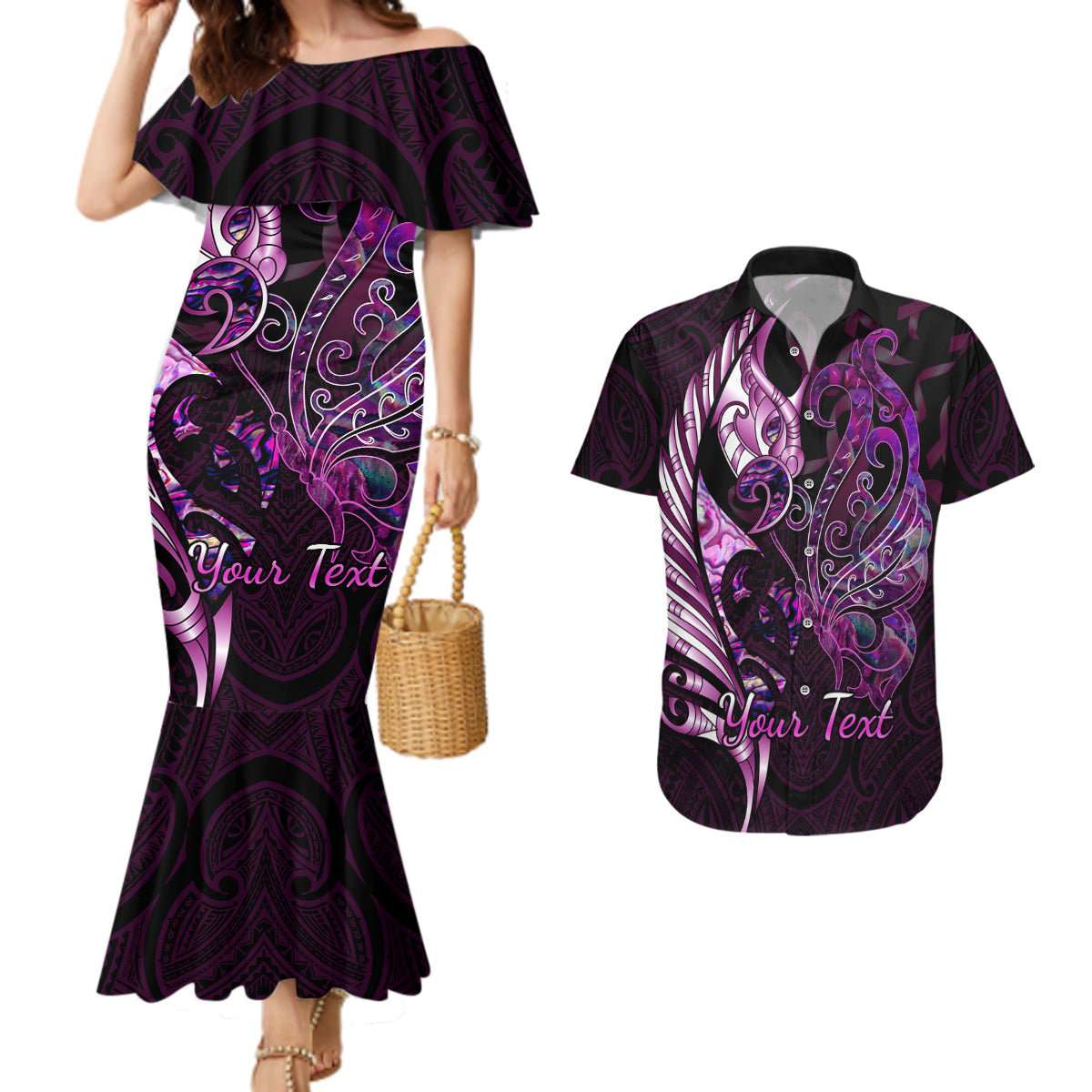 Personalised New Zealand Breast Cancer Couples Matching Mermaid Dress and Hawaiian Shirt Fight Like A Girl Pink Manaia Fern With Paua Shell - Wonder Print Shop