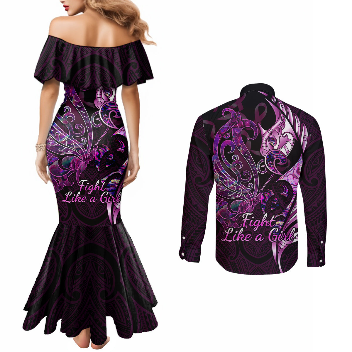 personalised-new-zealand-breast-cancer-couples-matching-mermaid-dress-and-long-sleeve-button-shirts-fight-like-a-girl-pink-manaia-fern-with-paua-shell
