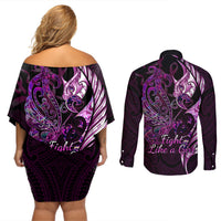 Personalised New Zealand Breast Cancer Couples Matching Off Shoulder Short Dress and Long Sleeve Button Shirts Fight Like A Girl Pink Manaia Fern With Paua Shell - Wonder Print Shop