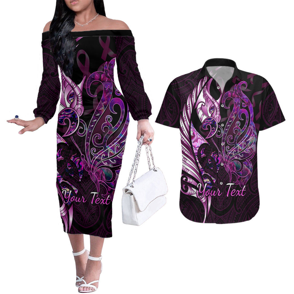 Personalised New Zealand Breast Cancer Couples Matching Off The Shoulder Long Sleeve Dress and Hawaiian Shirt Fight Like A Girl Pink Manaia Fern With Paua Shell - Wonder Print Shop
