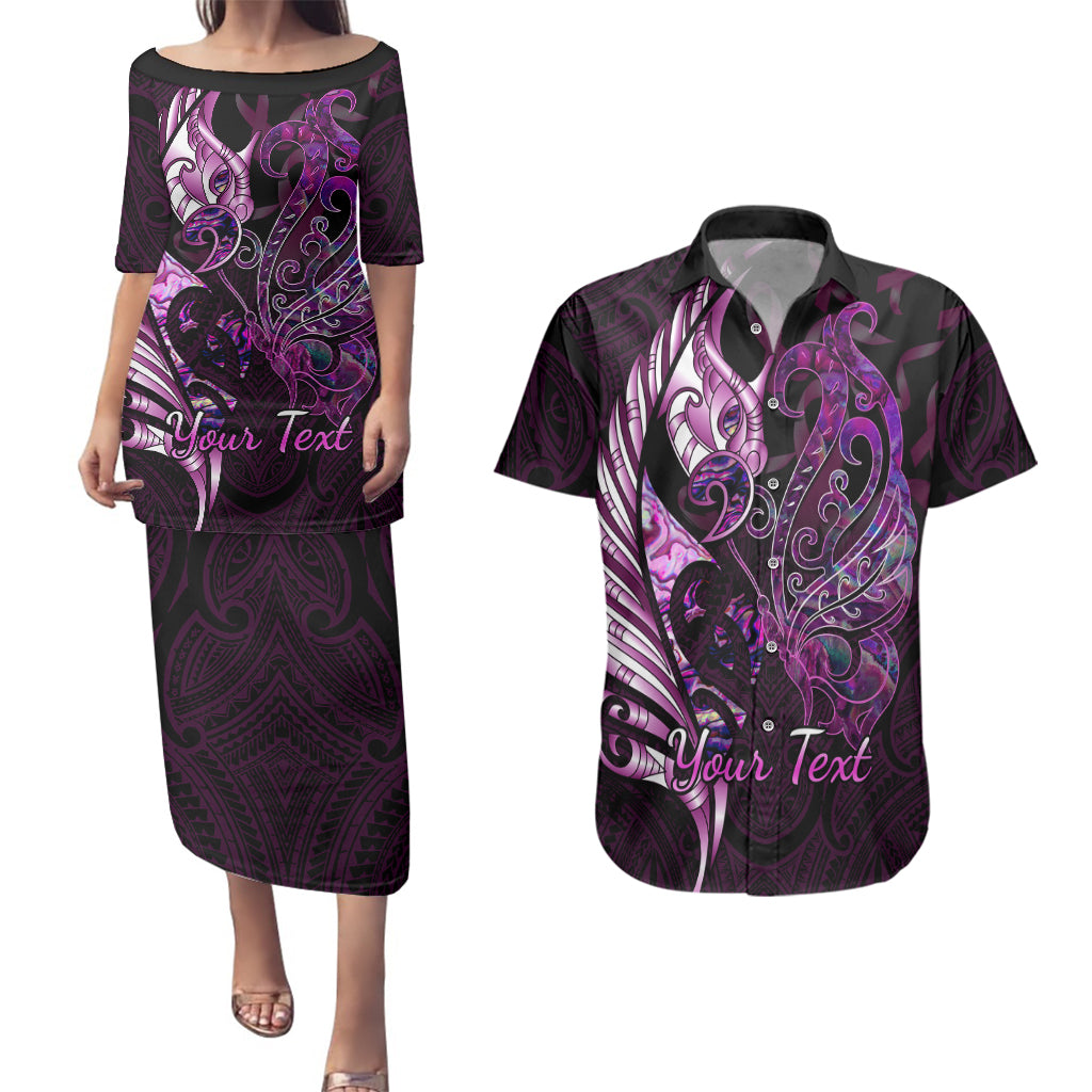 Personalised New Zealand Breast Cancer Couples Matching Puletasi Dress and Hawaiian Shirt Fight Like A Girl Pink Manaia Fern With Paua Shell - Wonder Print Shop