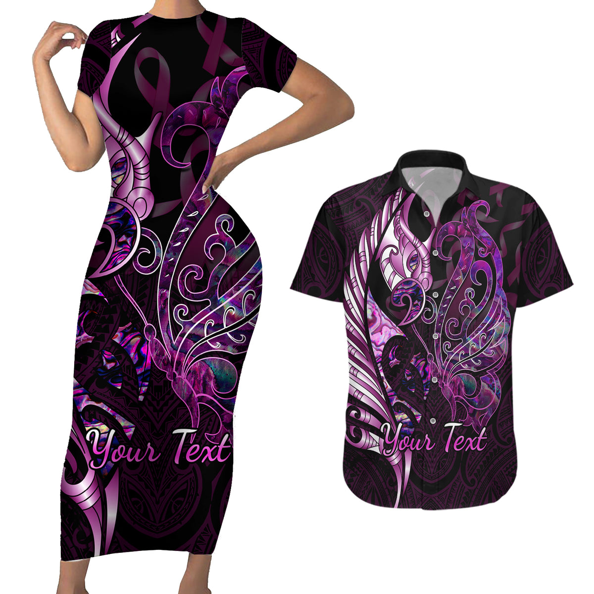 Personalised New Zealand Breast Cancer Couples Matching Short Sleeve Bodycon Dress and Hawaiian Shirt Fight Like A Girl Pink Manaia Fern With Paua Shell - Wonder Print Shop