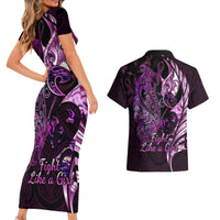 Personalised New Zealand Breast Cancer Couples Matching Short Sleeve Bodycon Dress and Hawaiian Shirt Fight Like A Girl Pink Manaia Fern With Paua Shell - Wonder Print Shop