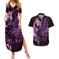 Personalised New Zealand Breast Cancer Couples Matching Summer Maxi Dress and Hawaiian Shirt Fight Like A Girl Pink Manaia Fern With Paua Shell - Wonder Print Shop