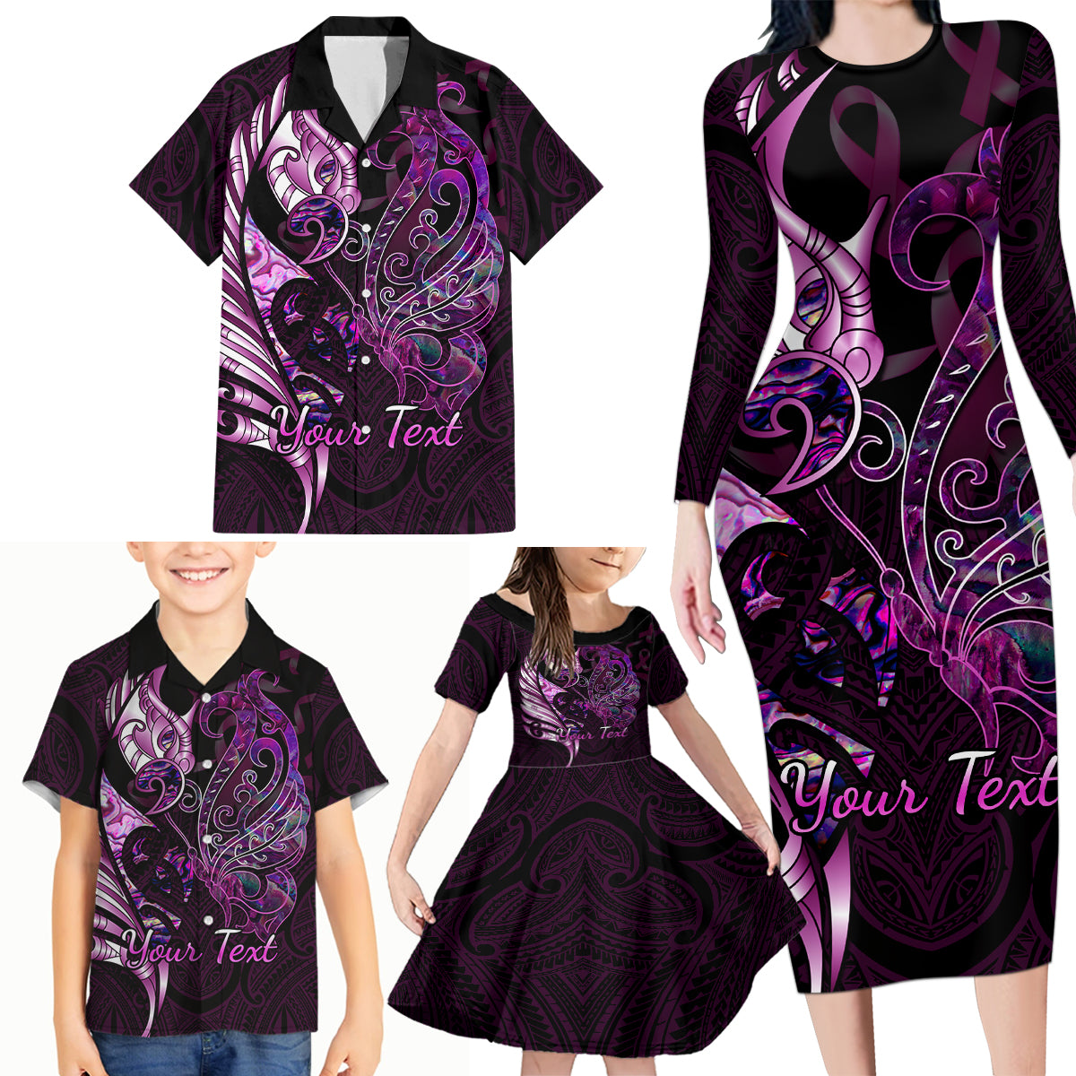 Personalised New Zealand Breast Cancer Family Matching Long Sleeve Bodycon Dress and Hawaiian Shirt Fight Like A Girl Pink Manaia Fern With Paua Shell - Wonder Print Shop