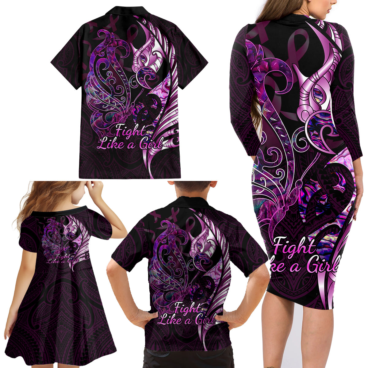 Personalised New Zealand Breast Cancer Family Matching Long Sleeve Bodycon Dress and Hawaiian Shirt Fight Like A Girl Pink Manaia Fern With Paua Shell - Wonder Print Shop