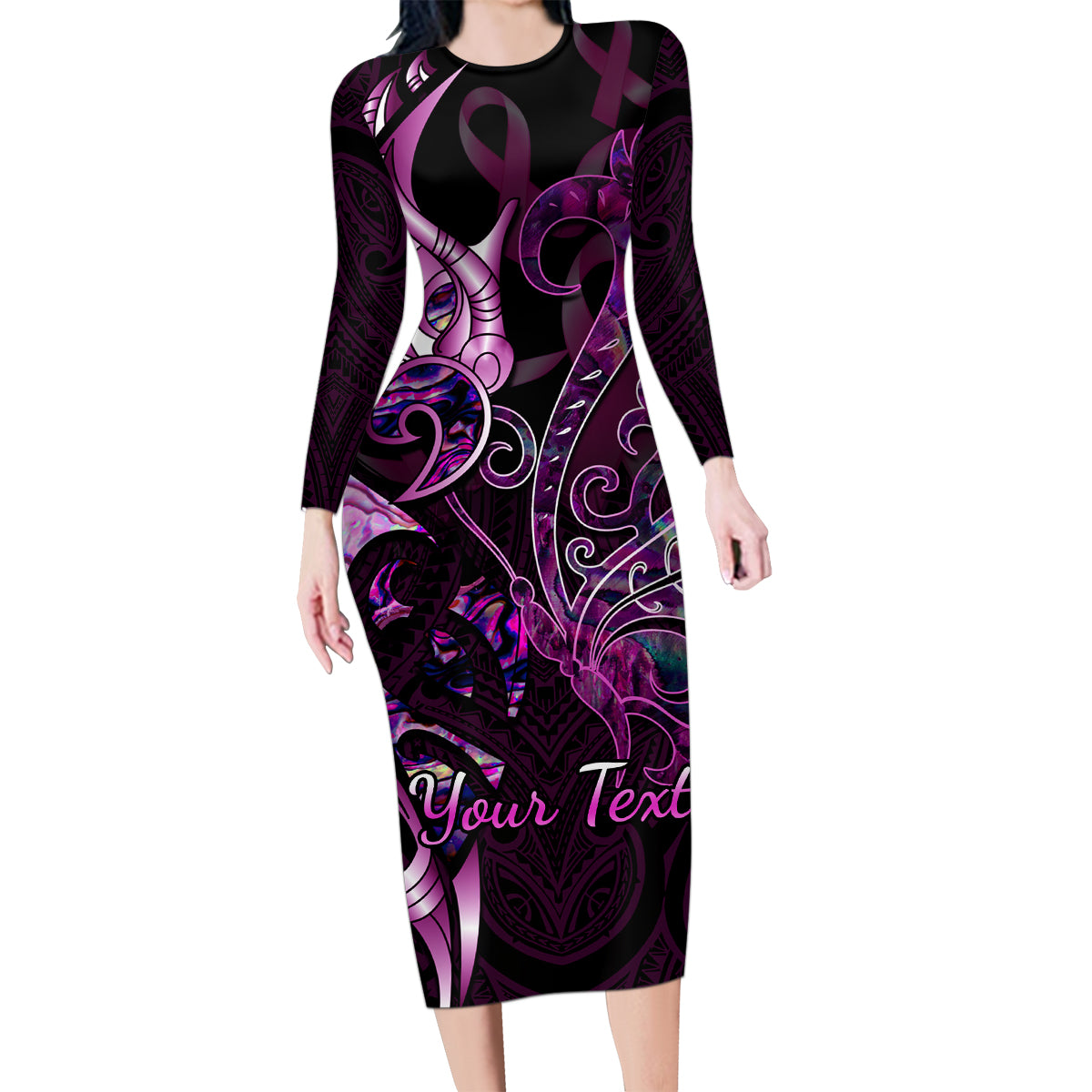 Personalised New Zealand Breast Cancer Family Matching Long Sleeve Bodycon Dress and Hawaiian Shirt Fight Like A Girl Pink Manaia Fern With Paua Shell - Wonder Print Shop