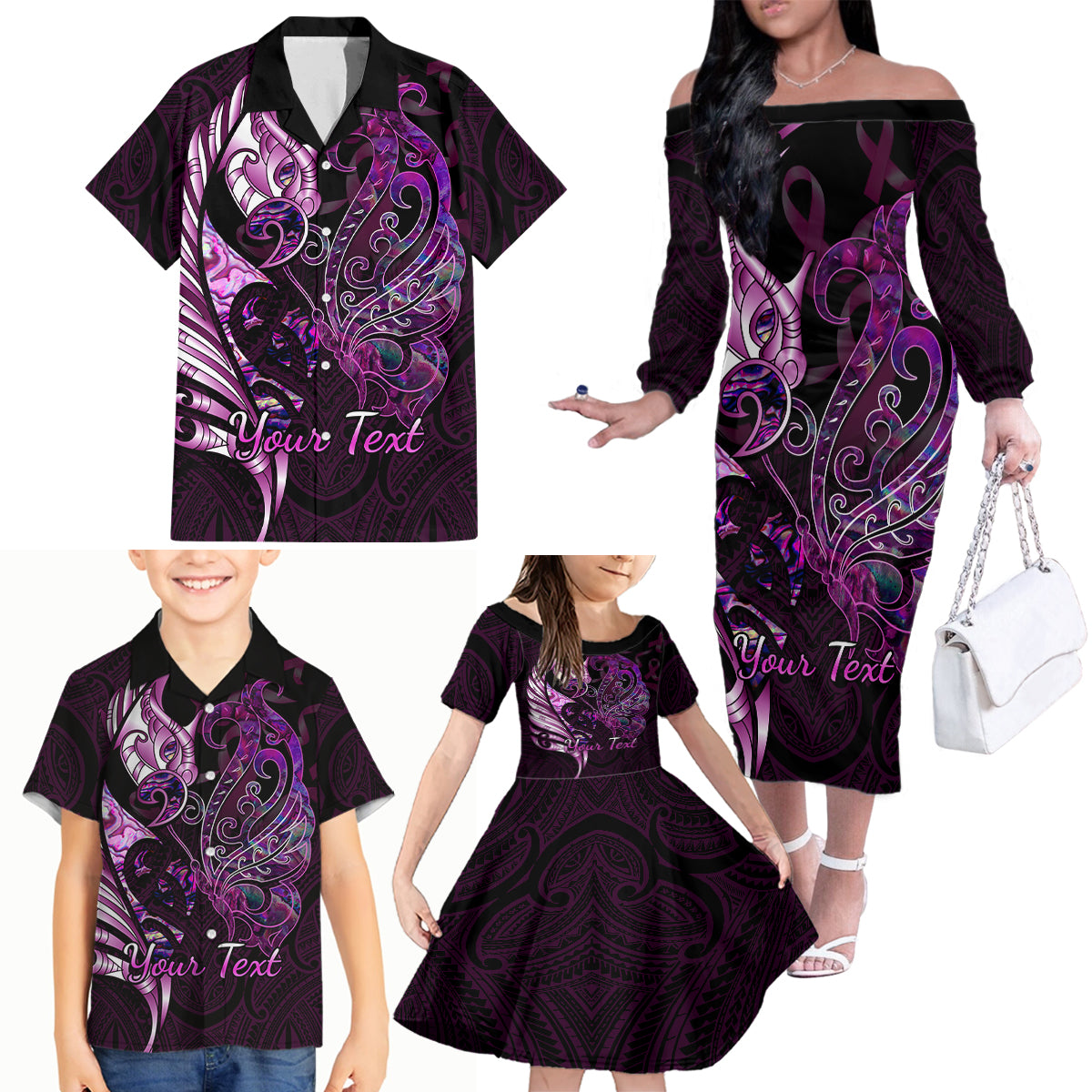 Personalised New Zealand Breast Cancer Family Matching Off Shoulder Long Sleeve Dress and Hawaiian Shirt Fight Like A Girl Pink Manaia Fern With Paua Shell - Wonder Print Shop