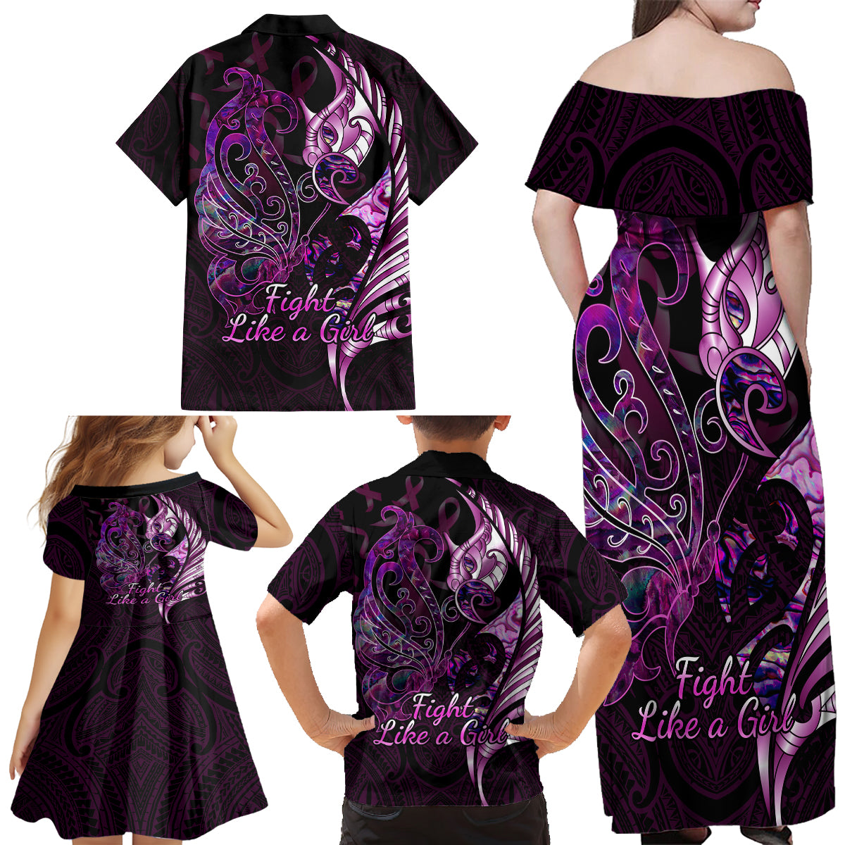 Personalised New Zealand Breast Cancer Family Matching Off Shoulder Maxi Dress and Hawaiian Shirt Fight Like A Girl Pink Manaia Fern With Paua Shell - Wonder Print Shop