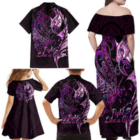 Personalised New Zealand Breast Cancer Family Matching Off Shoulder Maxi Dress and Hawaiian Shirt Fight Like A Girl Pink Manaia Fern With Paua Shell - Wonder Print Shop