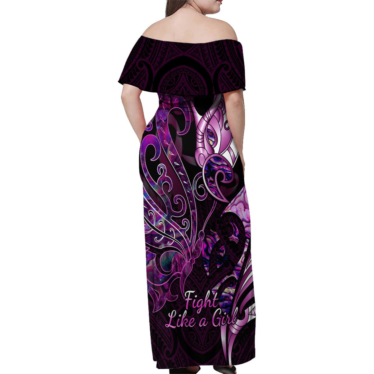 Personalised New Zealand Breast Cancer Family Matching Off Shoulder Maxi Dress and Hawaiian Shirt Fight Like A Girl Pink Manaia Fern With Paua Shell - Wonder Print Shop