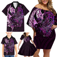 Personalised New Zealand Breast Cancer Family Matching Off Shoulder Short Dress and Hawaiian Shirt Fight Like A Girl Pink Manaia Fern With Paua Shell - Wonder Print Shop