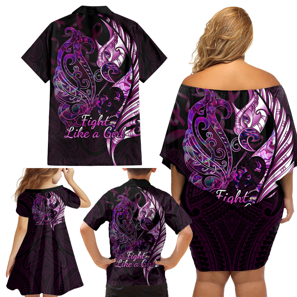 Personalised New Zealand Breast Cancer Family Matching Off Shoulder Short Dress and Hawaiian Shirt Fight Like A Girl Pink Manaia Fern With Paua Shell - Wonder Print Shop