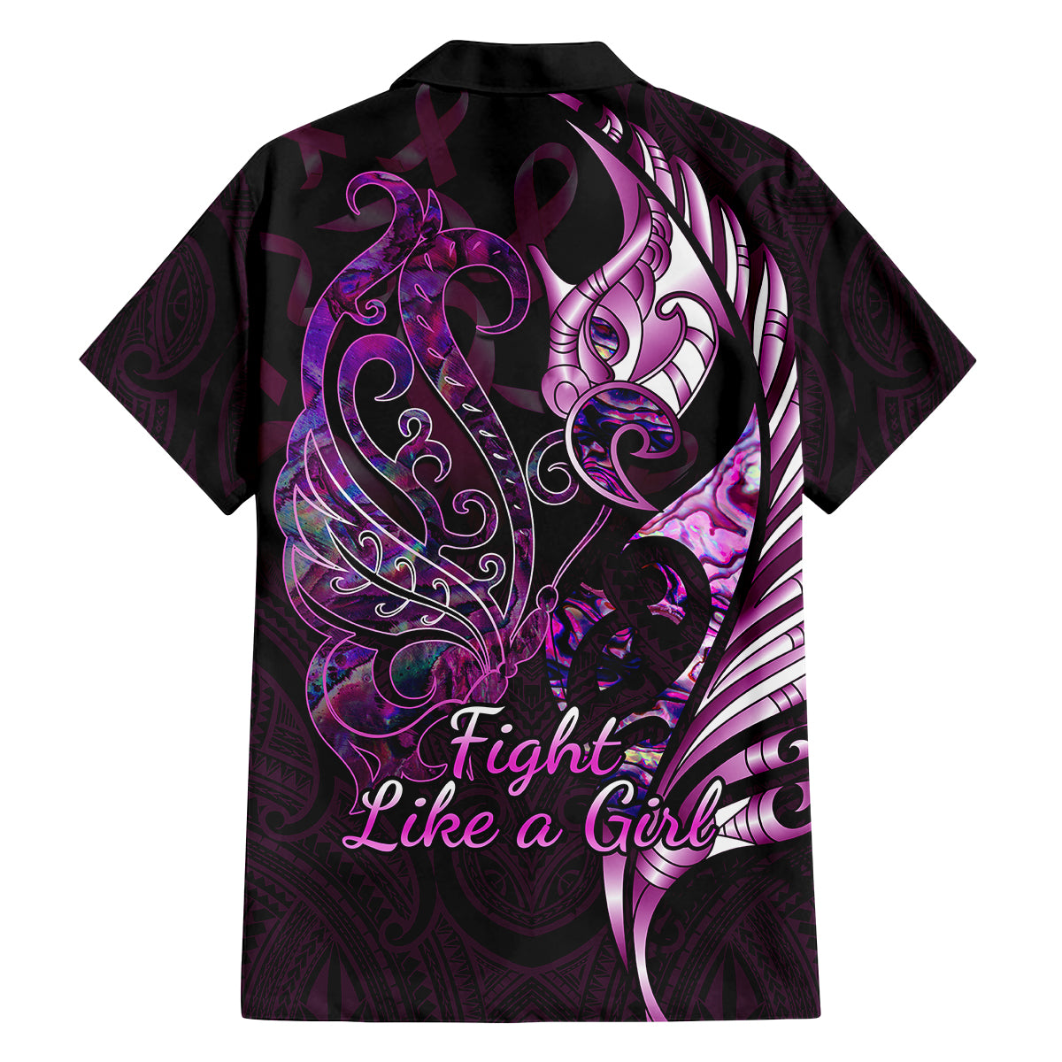 Personalised New Zealand Breast Cancer Family Matching Off Shoulder Short Dress and Hawaiian Shirt Fight Like A Girl Pink Manaia Fern With Paua Shell - Wonder Print Shop