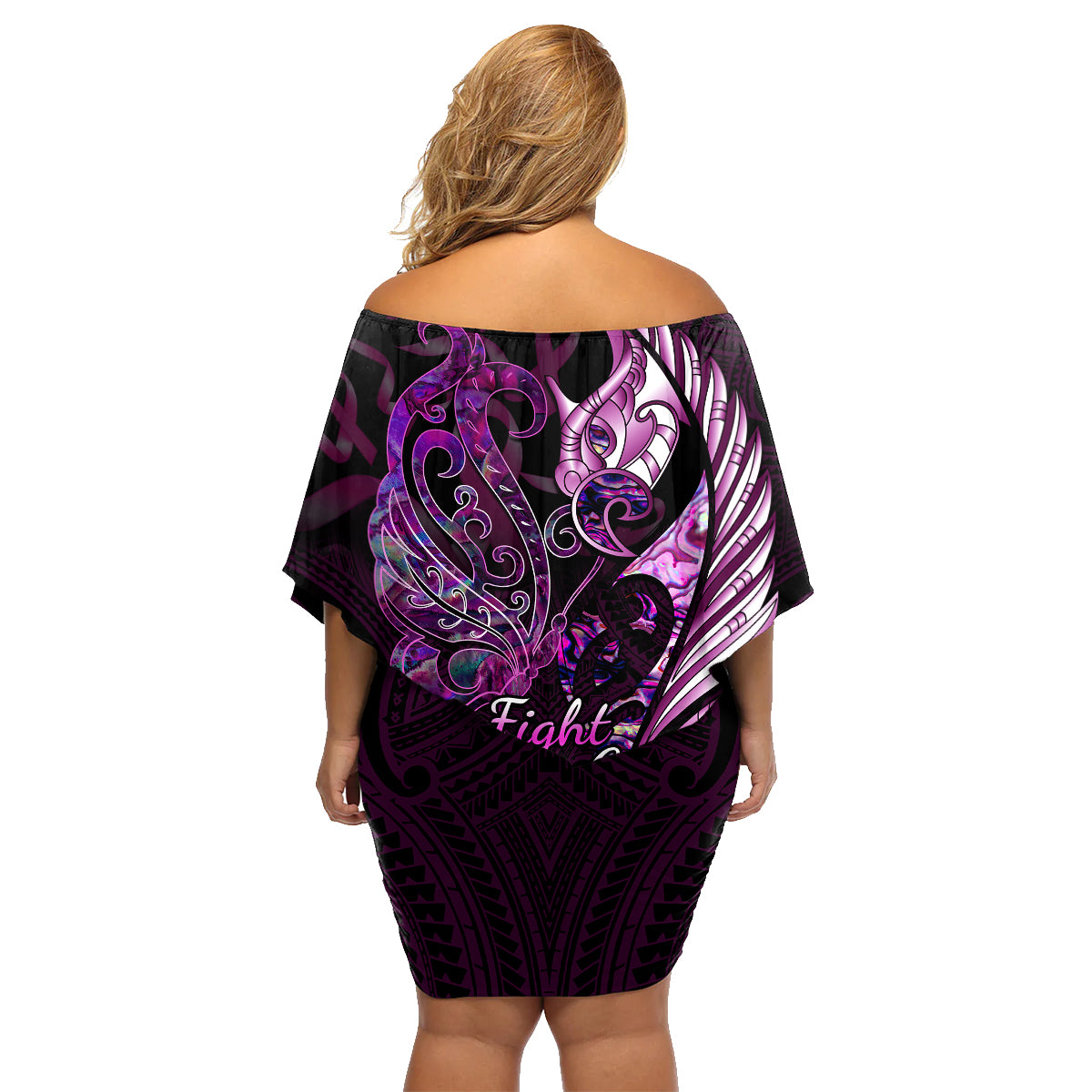 Personalised New Zealand Breast Cancer Family Matching Off Shoulder Short Dress and Hawaiian Shirt Fight Like A Girl Pink Manaia Fern With Paua Shell - Wonder Print Shop