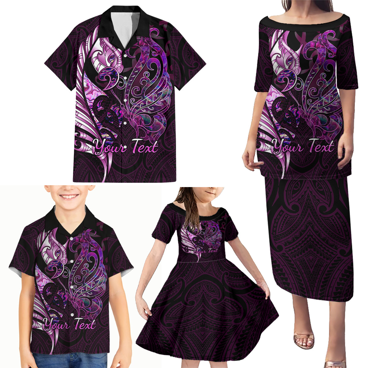 Personalised New Zealand Breast Cancer Family Matching Puletasi Dress and Hawaiian Shirt Fight Like A Girl Pink Manaia Fern With Paua Shell - Wonder Print Shop
