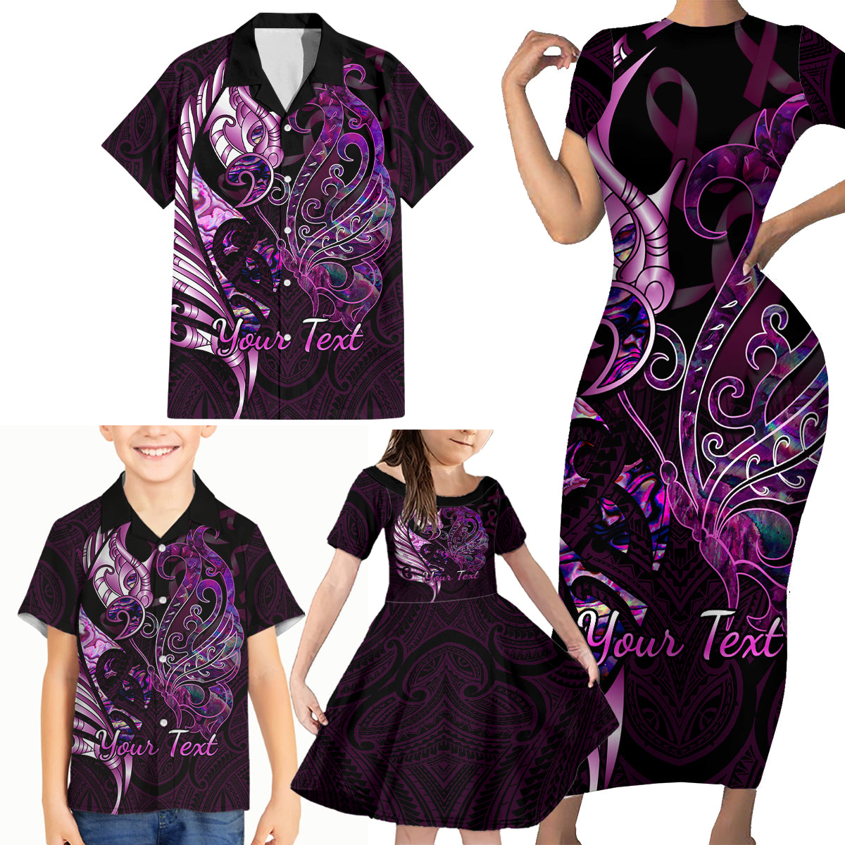 Personalised New Zealand Breast Cancer Family Matching Short Sleeve Bodycon Dress and Hawaiian Shirt Fight Like A Girl Pink Manaia Fern With Paua Shell - Wonder Print Shop