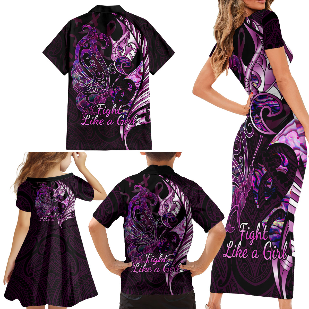 Personalised New Zealand Breast Cancer Family Matching Short Sleeve Bodycon Dress and Hawaiian Shirt Fight Like A Girl Pink Manaia Fern With Paua Shell - Wonder Print Shop