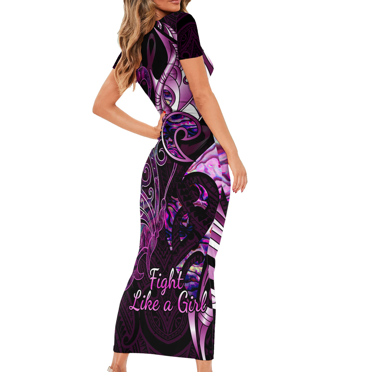 Personalised New Zealand Breast Cancer Family Matching Short Sleeve Bodycon Dress and Hawaiian Shirt Fight Like A Girl Pink Manaia Fern With Paua Shell - Wonder Print Shop