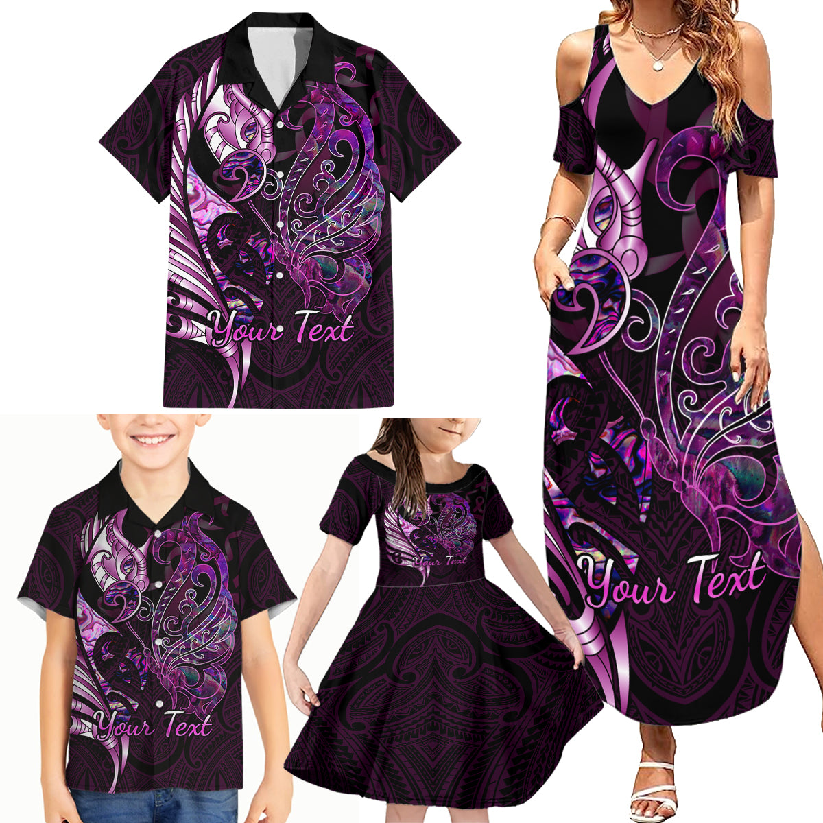Personalised New Zealand Breast Cancer Family Matching Summer Maxi Dress and Hawaiian Shirt Fight Like A Girl Pink Manaia Fern With Paua Shell - Wonder Print Shop
