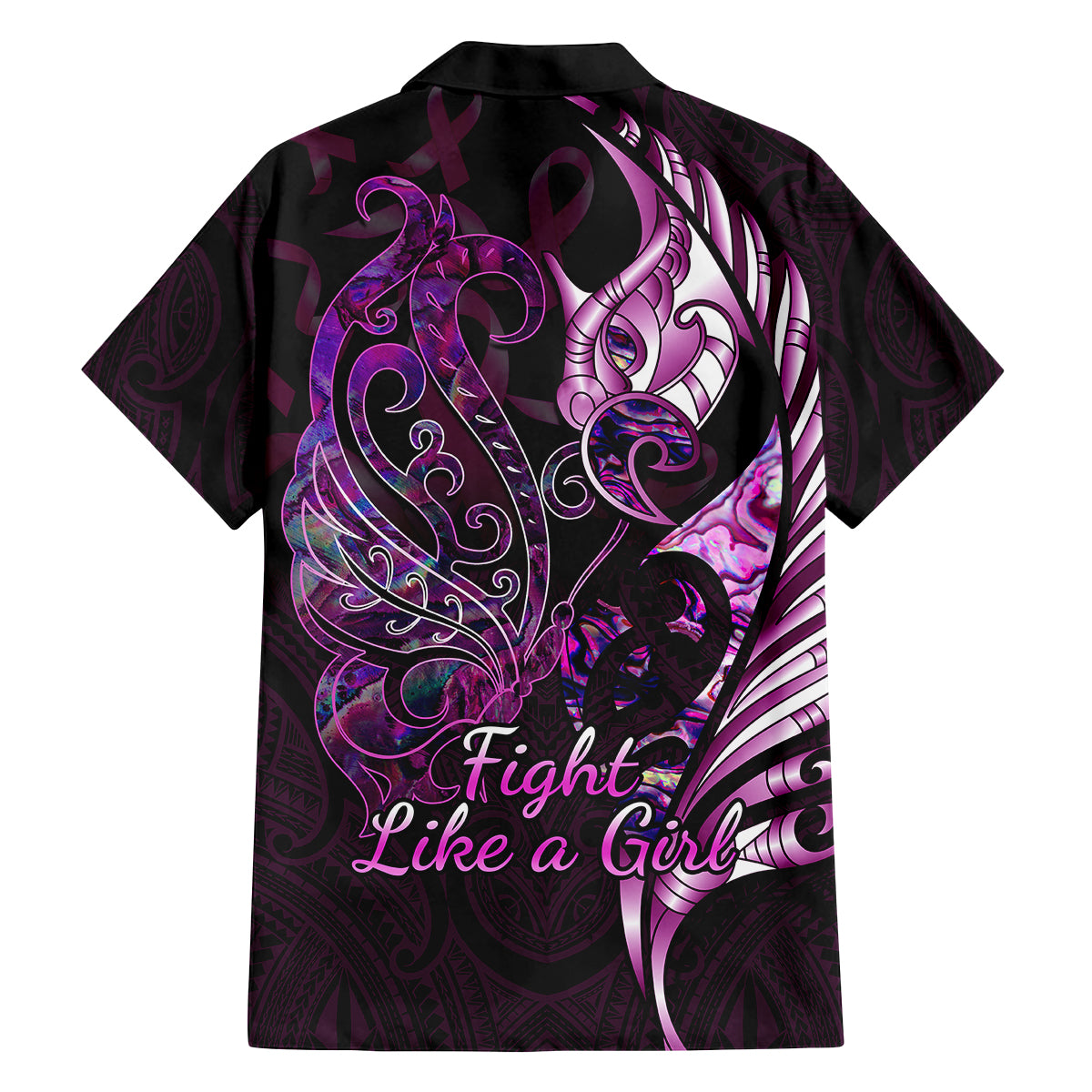 Personalised New Zealand Breast Cancer Kid Hawaiian Shirt Fight Like A Girl Pink Manaia Fern With Paua Shell - Wonder Print Shop