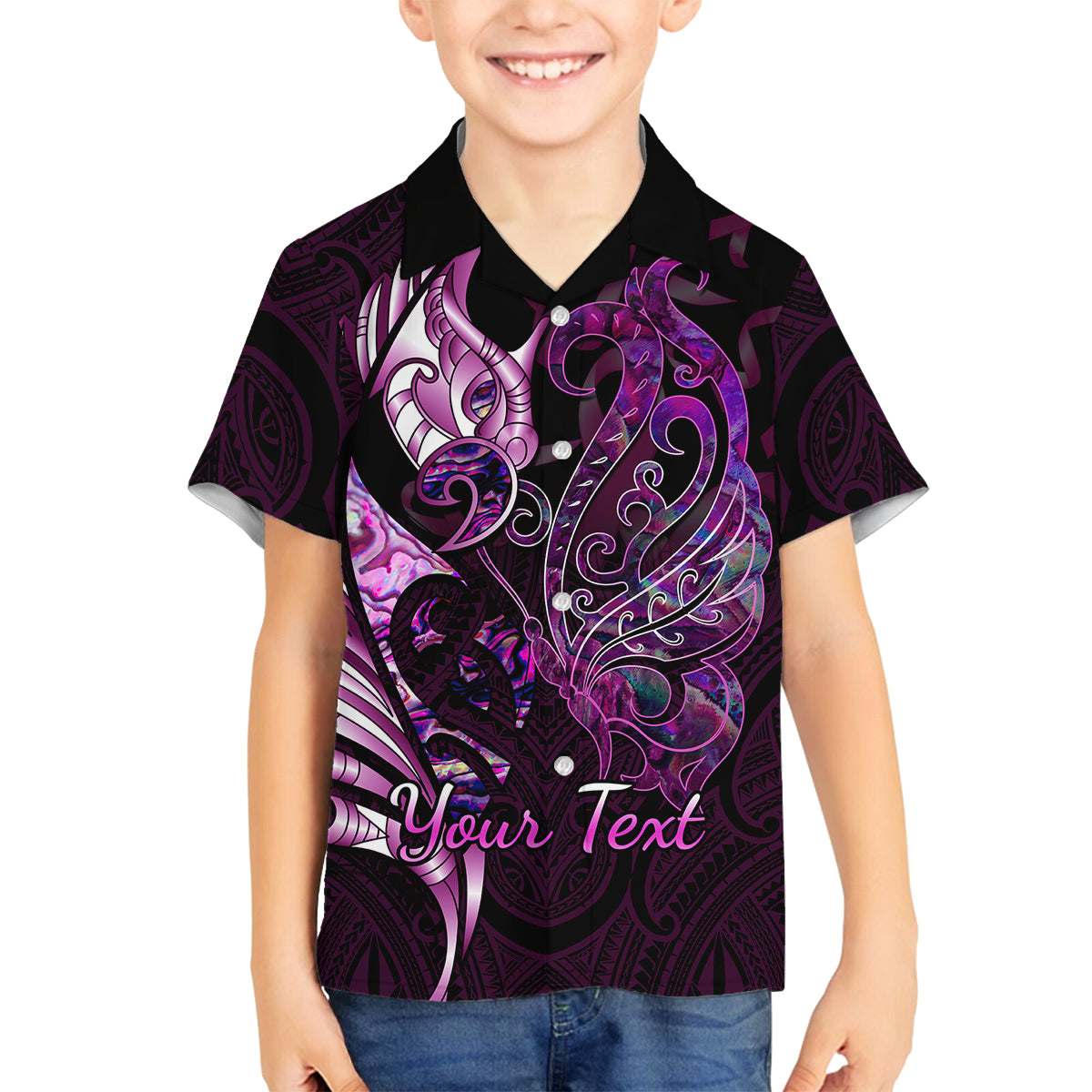 Personalised New Zealand Breast Cancer Kid Hawaiian Shirt Fight Like A Girl Pink Manaia Fern With Paua Shell - Wonder Print Shop